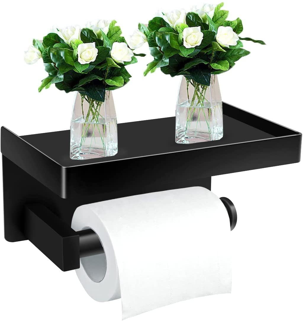 Toilet paper holder without drilling with shelf, toilet paper holder
