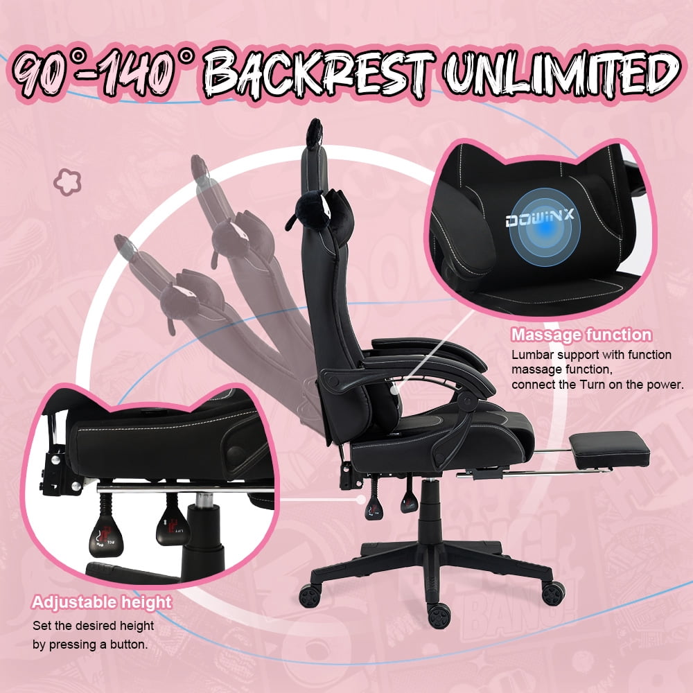 KARXAS Adult Cat Leather PC Gaming Chair with Massage Lumbar and Footrest,  Black