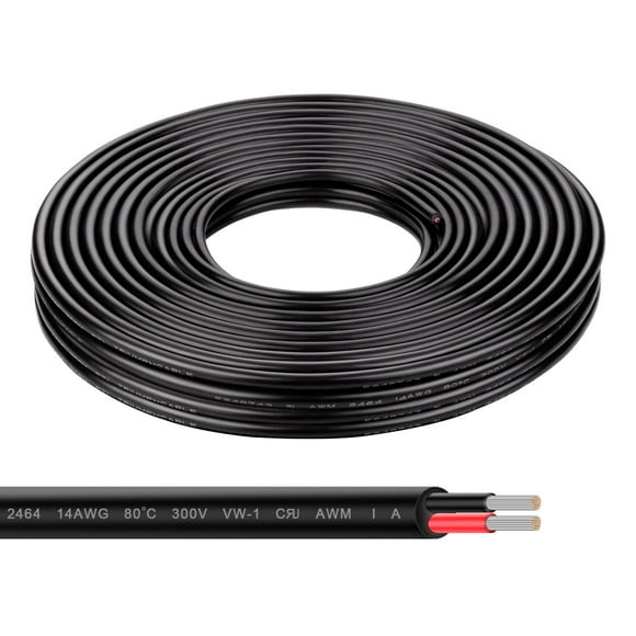 Geosiry Electrical Wire - 50Ft 14AWG Tinned Copper Hookup Wire, UL2464 2 Core Flexible Extension Power Cord for Auto,Insulated Stranded Cable for Lighting Boat Marine Solar -Black(14AWG 50Ft)