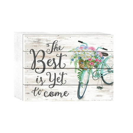 P. GRAHAM DUNN Best Yet Come Floral Bicycle Whitewash 8 x 6 Solid Wood Boxed Pallet Plaque