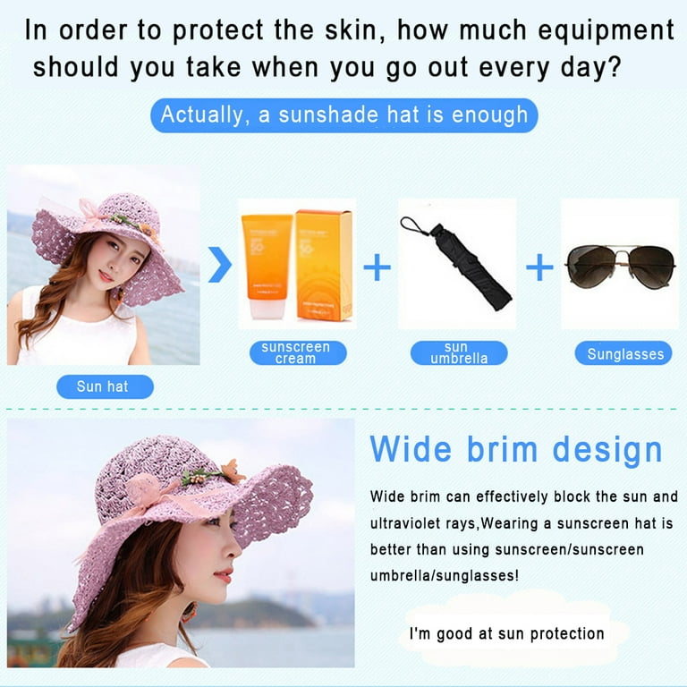 Klzo Summer Sun Hats for Women with Wide Brim Folding Sun UV Protection  Straw Beach Hat, 56-58 cm