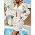 thumbnail image 4 of Womens Crochet 2 Piece Cover Up V Neck Bell Sleeve Button Cardigan Sheer Mesh Beach Mini Skirt Coverup Set, 4 of 5