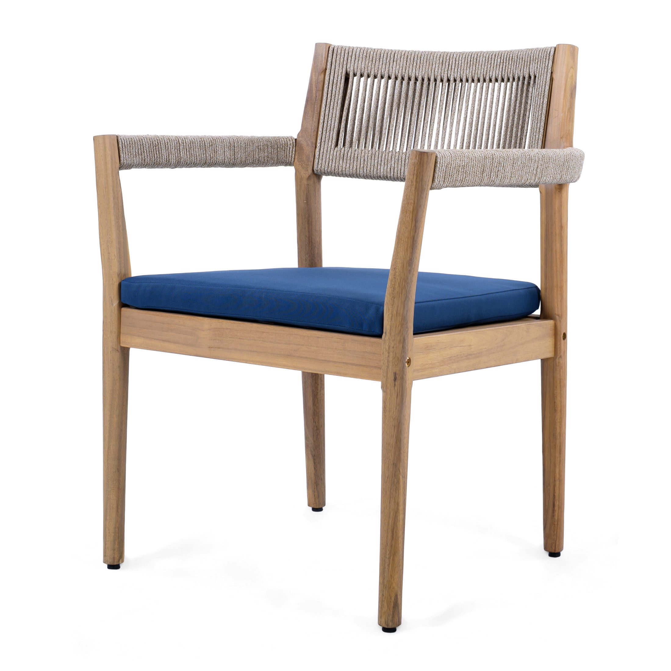 Christopher Knight Home 5-Piece Outdoor Patio Dining Table Set with Rope Armchairs & Navy Cushions, Light Teak+Beige