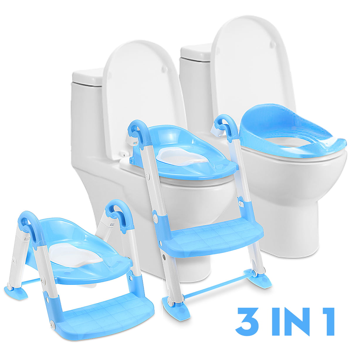 MOGOI Potty Training Toilet Seat with Step Stool Ladder Adjustable Baby Toilet Potty Trainer Chair with Soft Padded Foldable Sturdy Non-Slip Wide Step Stool for Boy Girl Kids Toddler Blue 