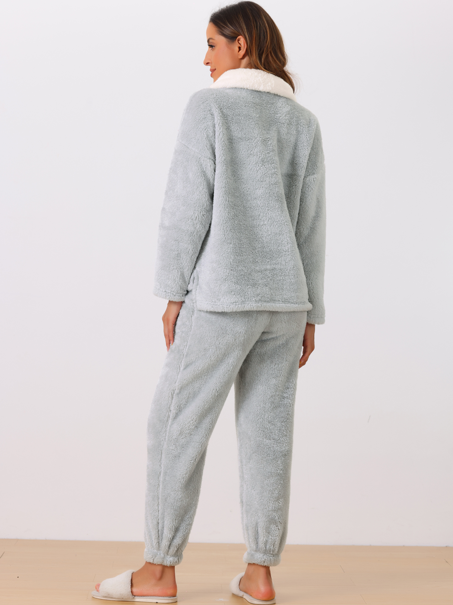 DARING DIVA Women's Fluffy Fleece Pullover Tops with Pants Plush Pajamas Sets Gray L