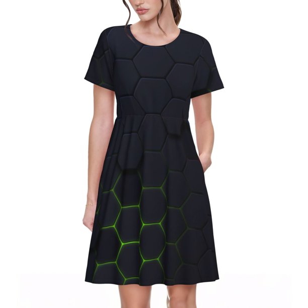 Balery Modern Hexagonal Neon Grid Vestidos sueltos de manga corta para mujer, vestidos de verano 2025, vestidos casuales de corte A con vuelo.