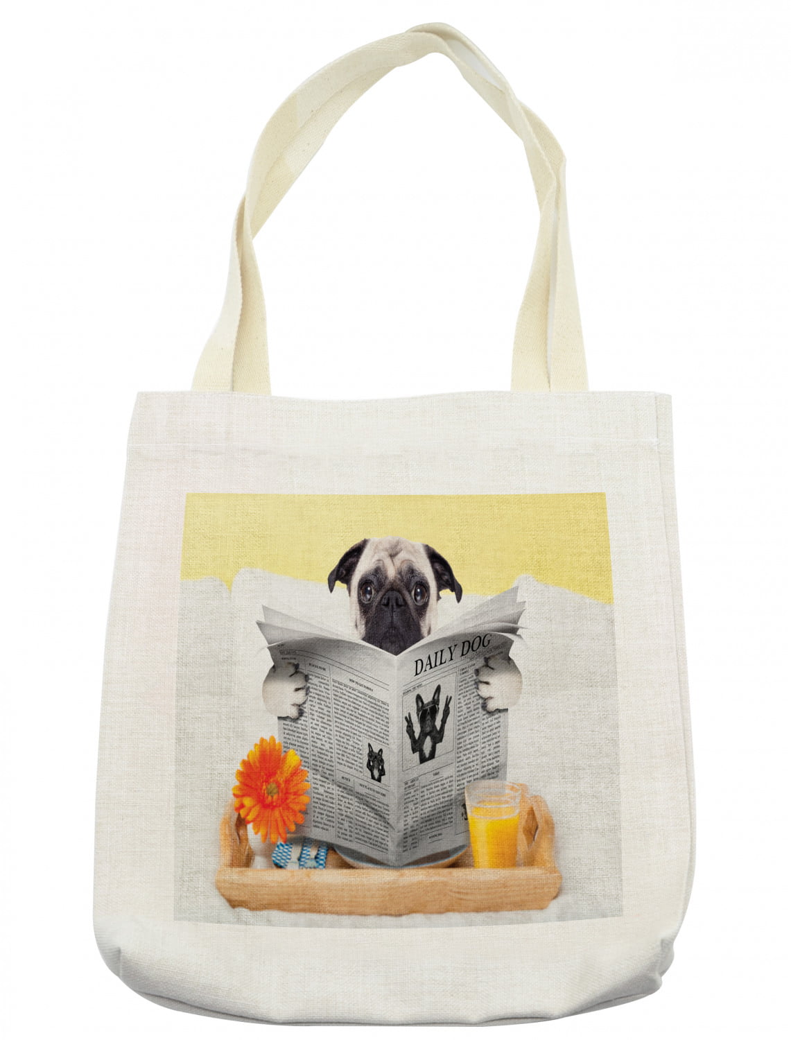 Pug Tote Bag, Pug Reading Daily Dog Breakfast in Bed Sunday Family Fun ...
