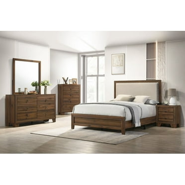 Beautiful Brown Cherry Finish 4Pc King Size Panel Bed Dresser Mirror Nightstand Wooden Furniture Set