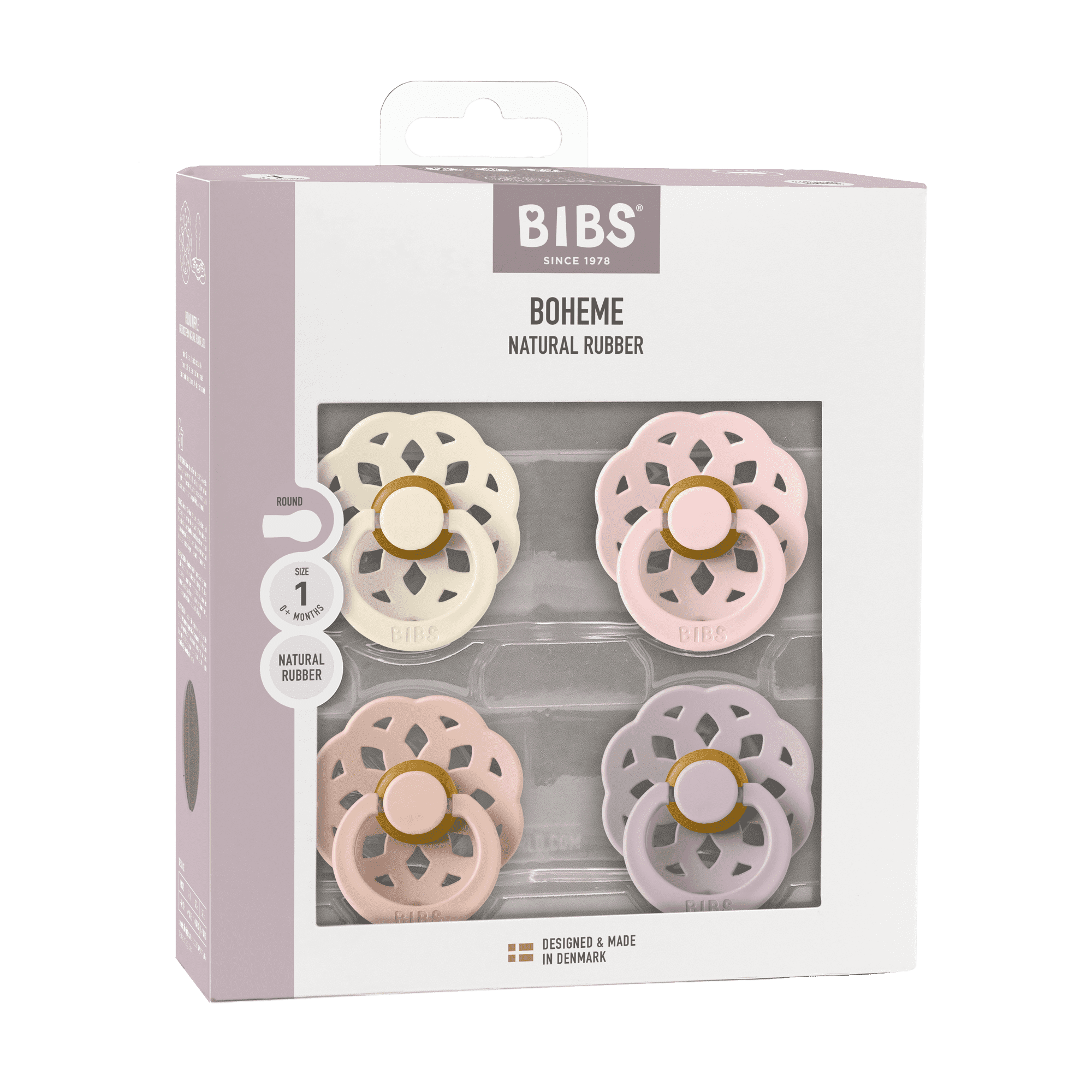 BIBS Pacifier Boheme Size 1, 0-6 Months, Ivory/Blush/Blossom/Lilac, 4 pack