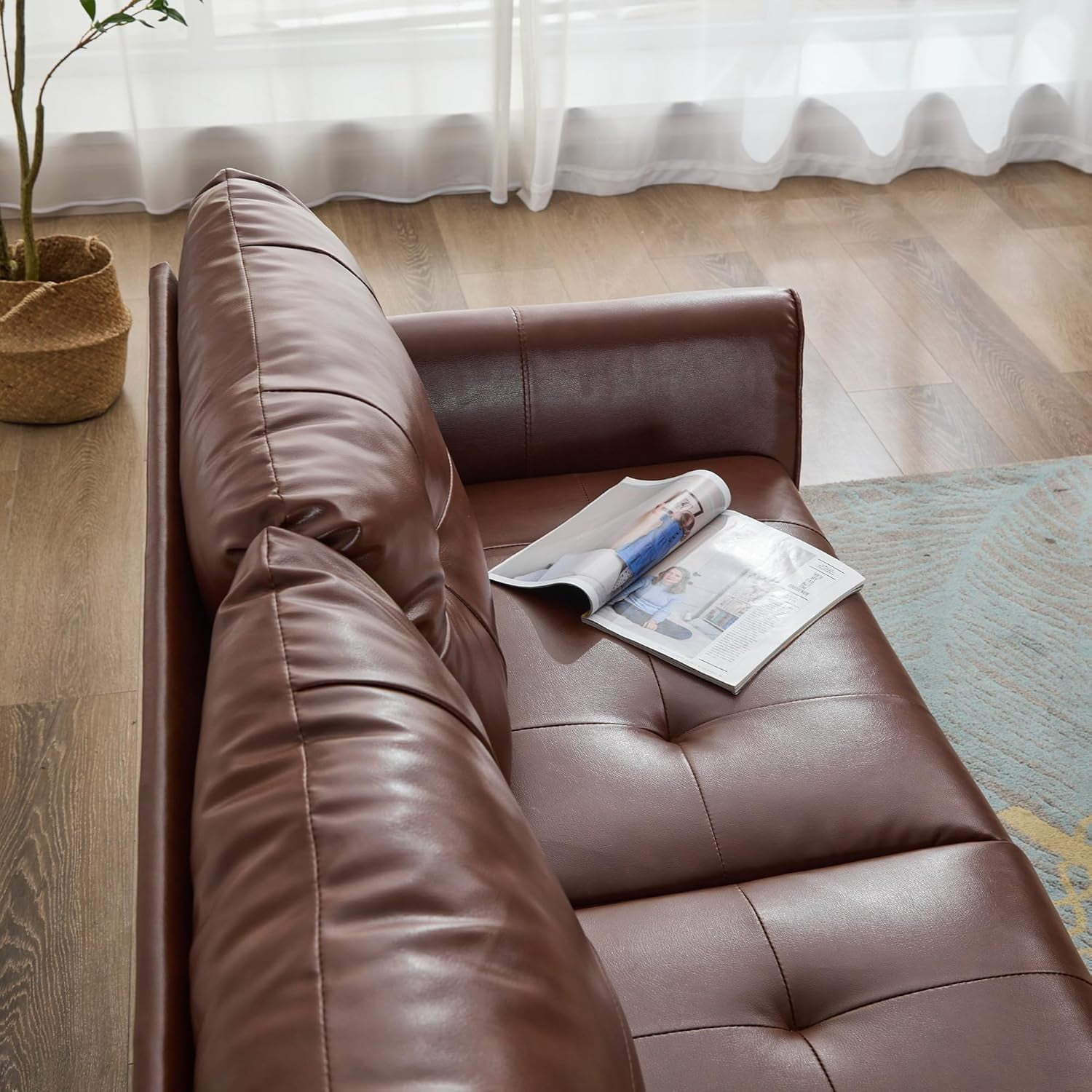 AODAILIHB 61" Mini Leather Arm Couch, 2 Seater Modern L-Shaped Sofa, Mid Century Modern Small Comfy Loveseat Sofa for Living Room, Bedroom, Office, Brown