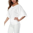 thumbnail image 3 of Uhndy Women Baggy Short Sleeve V-Neck Dolman Drape T-Shirts Top Beach Holiday Party Solid Tunics Tops Oversized Loose Tee Tops-LQ, 3 of 6