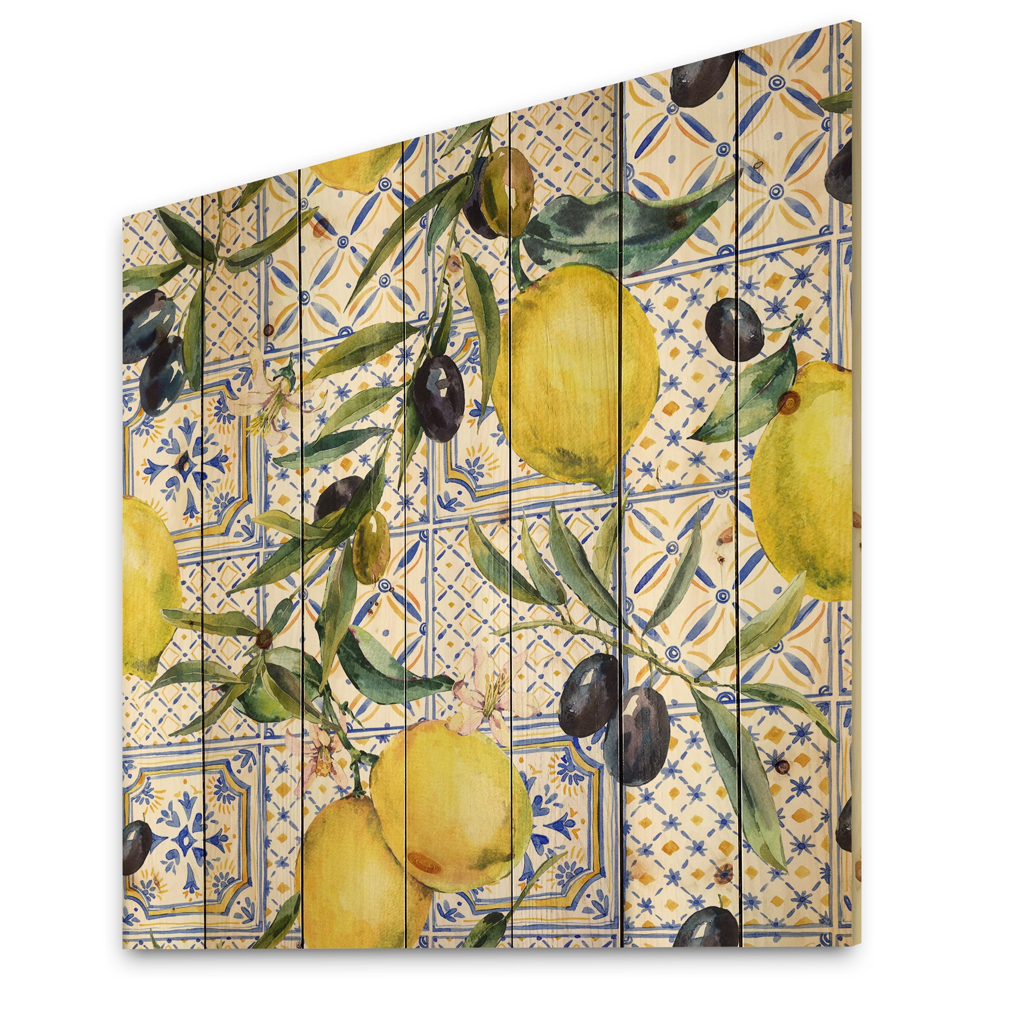 Designart 'Geometrical Pattern of Lemon Ornament On Blue III' Tropical Print on Natural Pine Wood