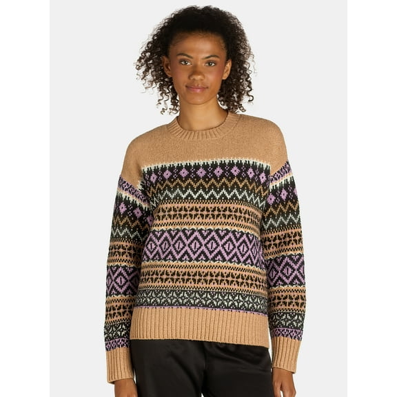 Time and Tru Women's and Women's Plus Fair Isle Pullover Sweater, Midweight, Sizes XS-4X