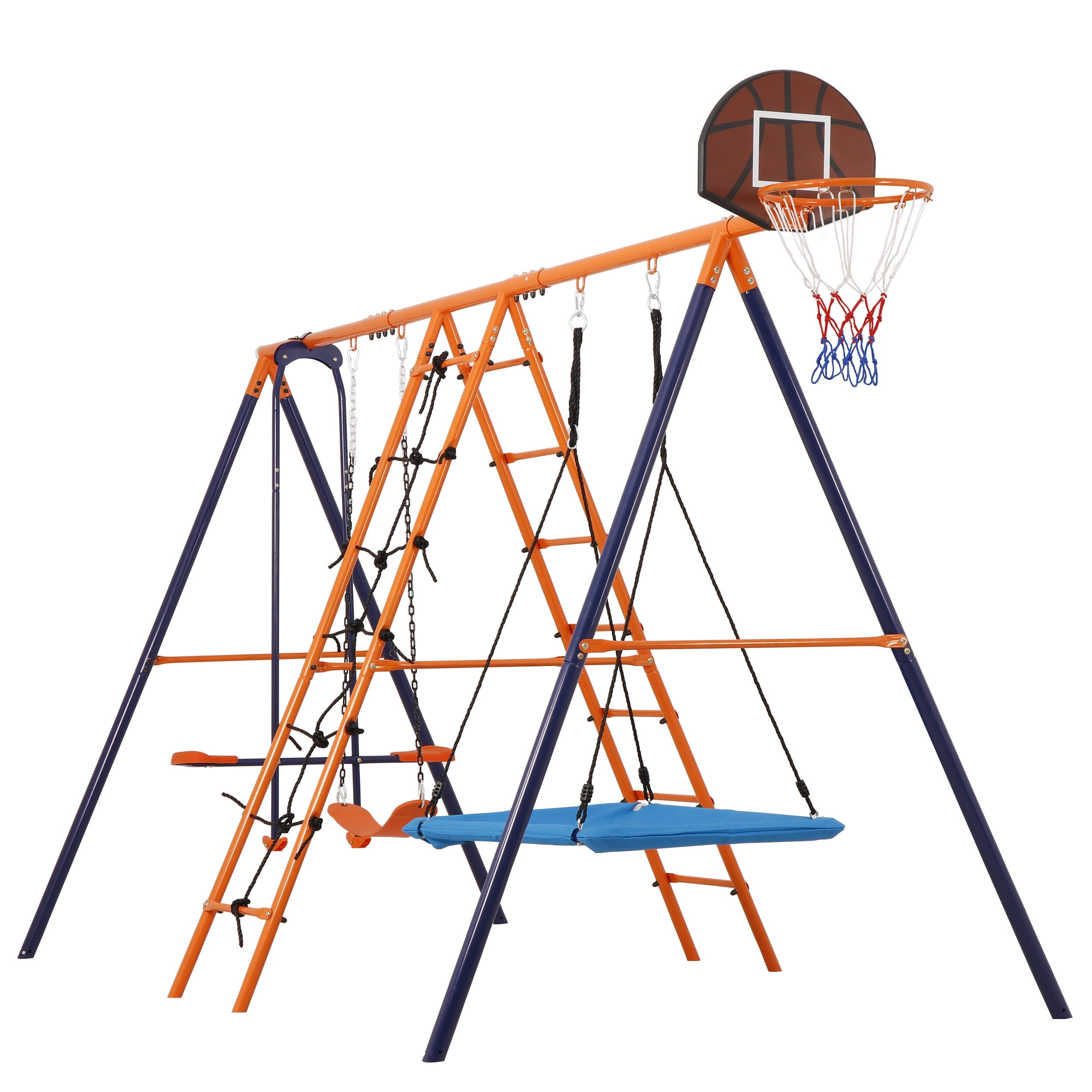 ZENSTYLE 6 in 1 Multifunctional Swing Set Steel Frame for Background with Seesaw, Basketball Rim, Climbing Ladder/Net