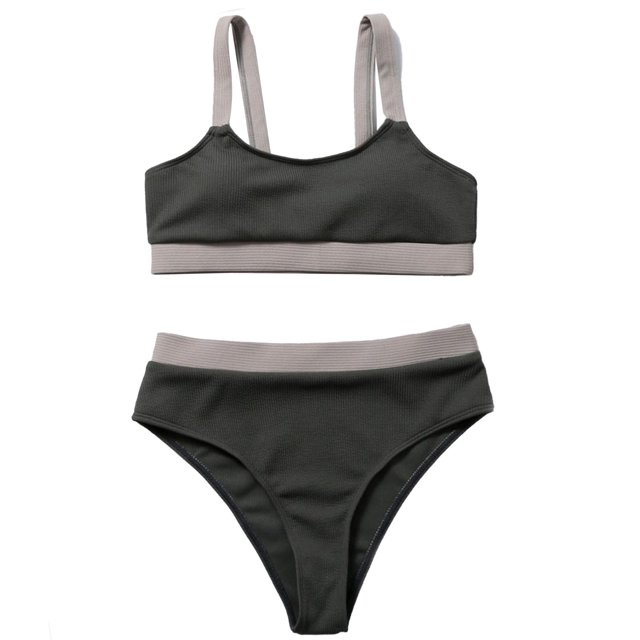 Traje de baño dividido gris para mujer: elástico y apto para piscina, conjunto de bikini de cintura alta talla L