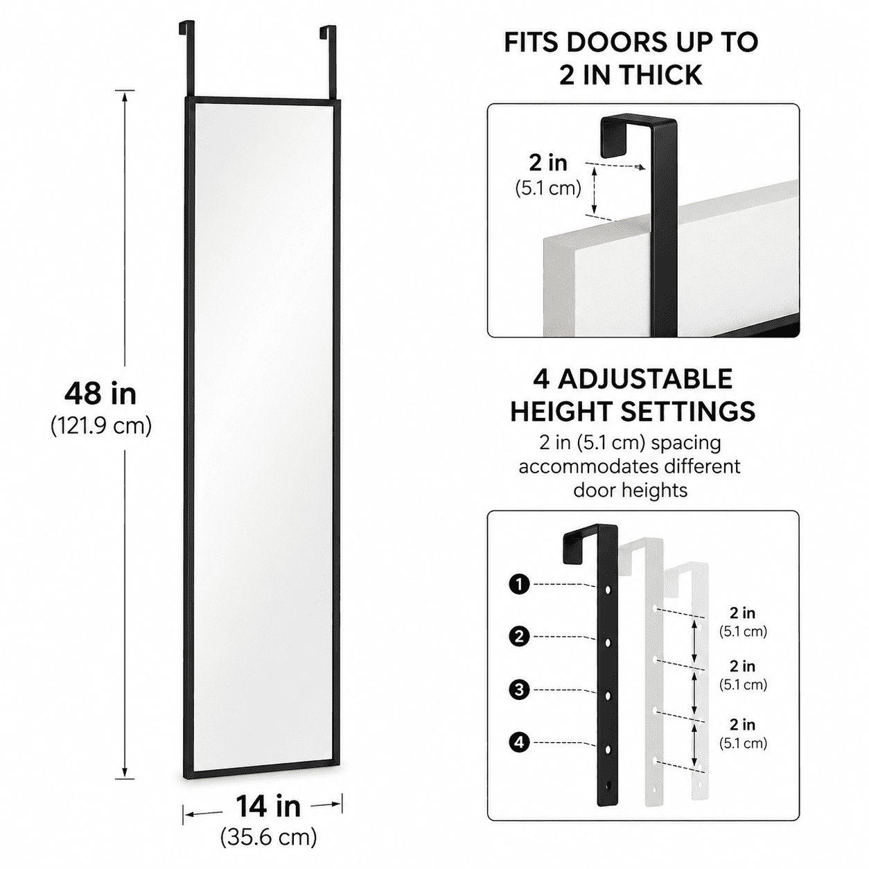 48 x 14 in Full Length Over Door Mirror, Black Frame