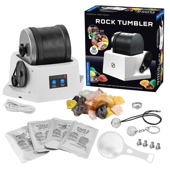 The Thames & Kosmos Rock Tumbler Essential STEM Tool | Durable Leak-Proof Noise-Reducing Barrel Built-in Timer | Polish & Shine Kids Rock Collections Includes Authentic Specimens & Polishing Grits