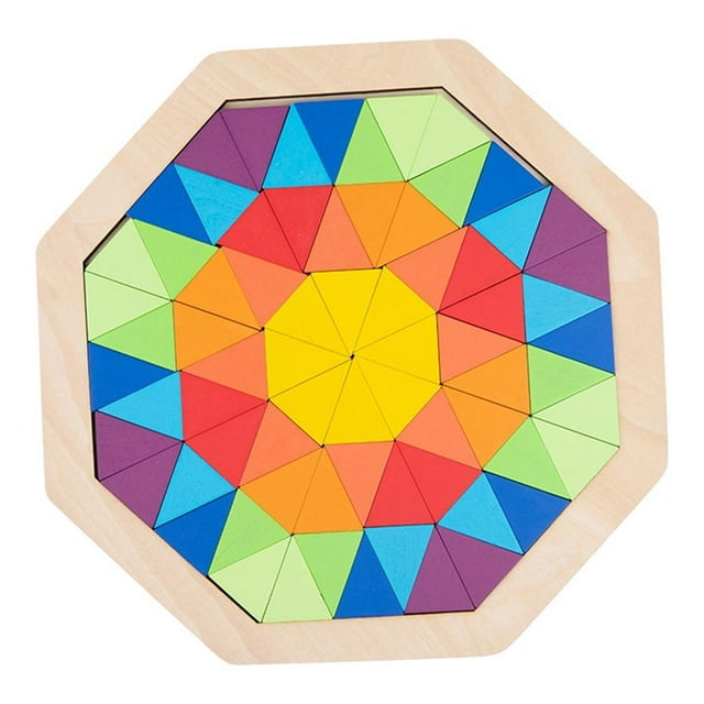 Juego de bloques de madera Montessori con patrones de tangram y formas geométricas de arcoíris. mi