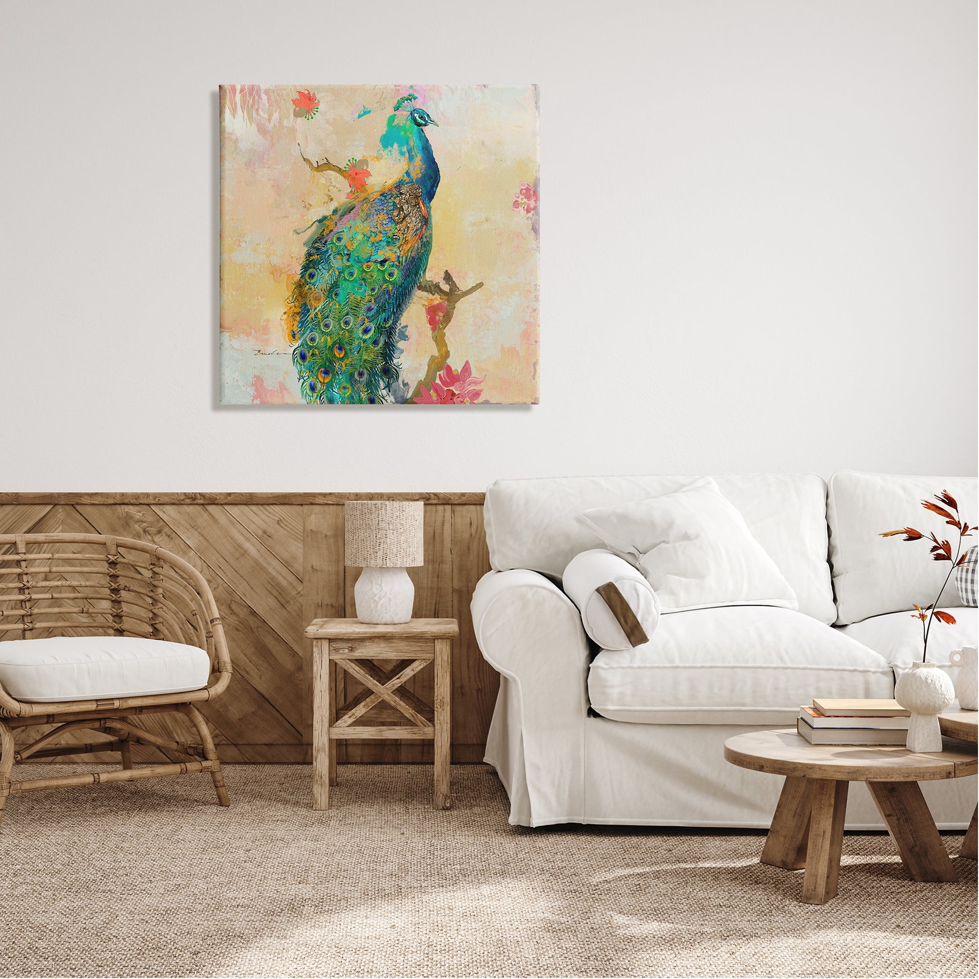 Stupell Modern Peacock Cherry Blossoms Animals & Insects Painting Gallery Wrapped Canvas Print Wall Art