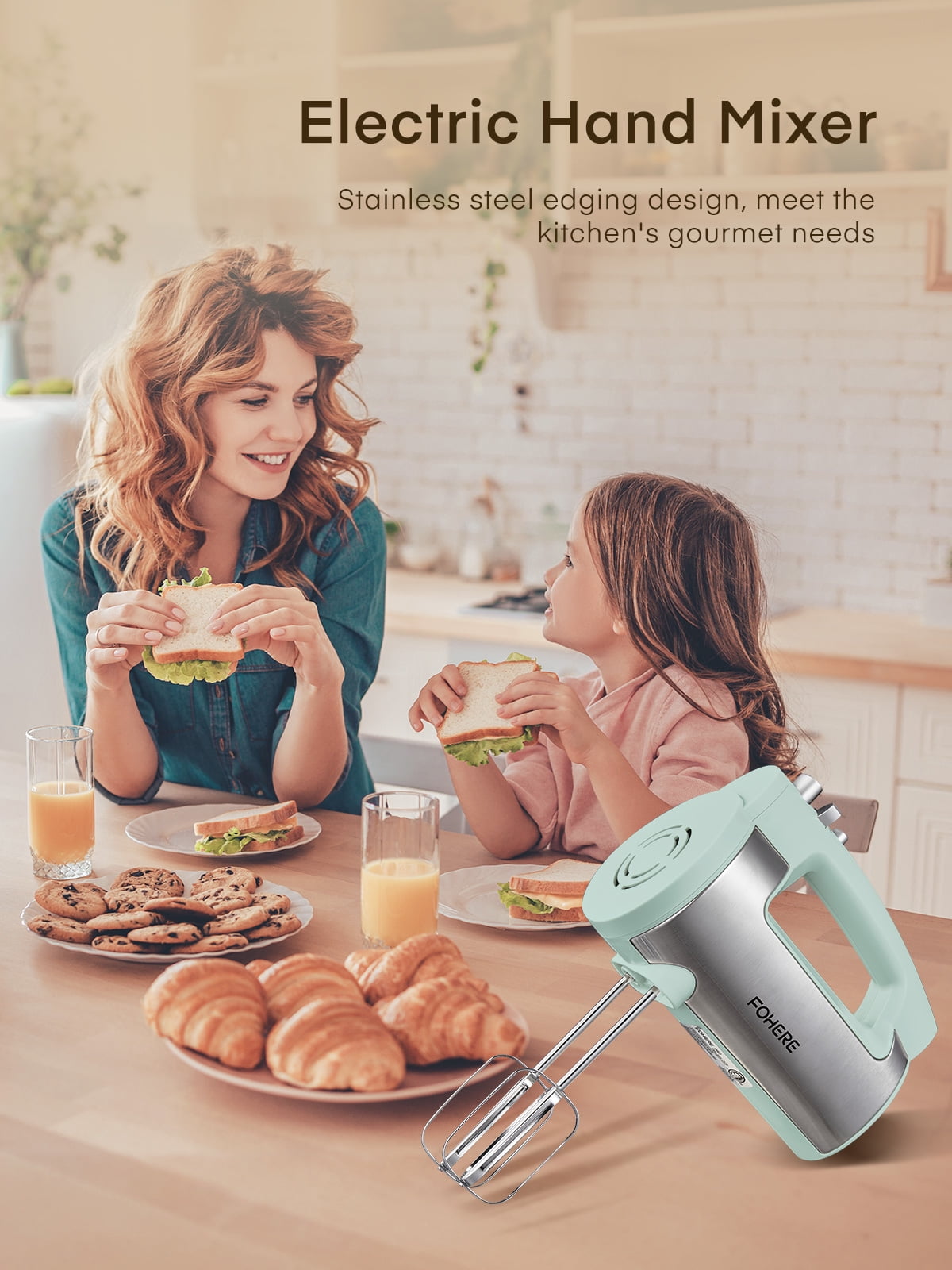 FOHERE 6 Speed Hand Mixer with Turbo Boost, Kitchen Hand Held Mixer Immersion Blender for Food Whipping, Includes 3 Attachments, Green