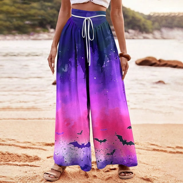 Pants for Women, Woman Halloween Printing Elastic Waist Drawstring Wide Leg Long Pants