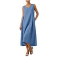 thumbnail image 1 of Vestido Corto para Mujeres Moda de Verano Sólido Cuello en V sin Mangas Bolsillo Plisado Vestido Casual Diario, 1 of 6