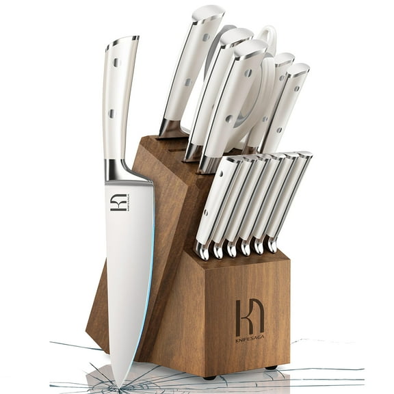 KnifeSaga Knife Set, Premium 15 Piece Japanese High Carbon Stainless Steel Knives Set for Kitchen with Block and Sharpener, Razor Sharp Kitchen Knife Block Sets with Ergonomic Full-tang Handle, White