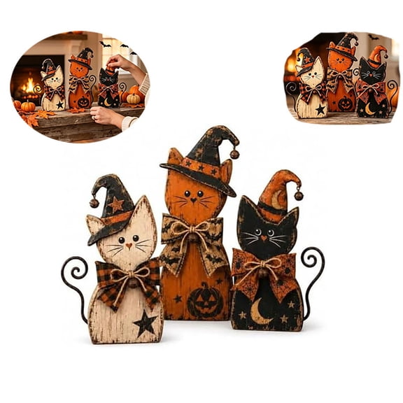Vintage Halloween Witch Cat Decor Set,Wooden Witch Cat Tabletop Figurine Set,Rustic Farmhouse Mantel Autumn Harvest Halloween Party Ornament Gift Witch Lovers