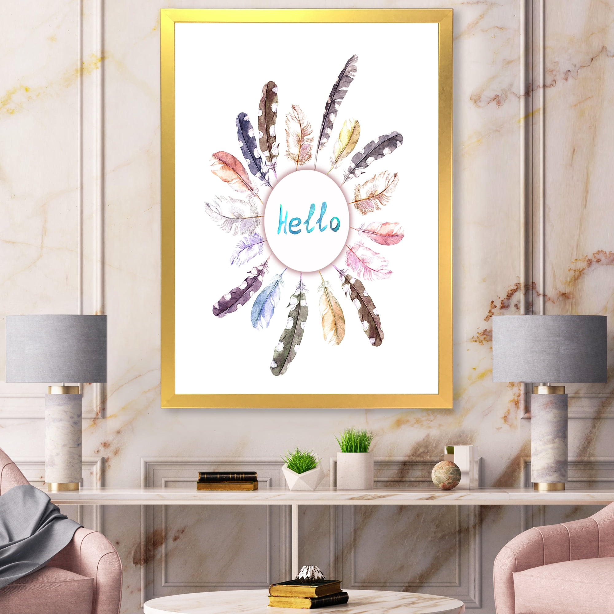 Designart 'Ancient Round Wreath With Birds Feathers' Bohemian & Eclectic Framed Art Print