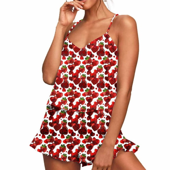 XWSHYW Womens Pajama Set Summer Fruits Print Lightweight Pajamas Sets Leisure Crew Neck Sleeveless Sleepwear with Shorts