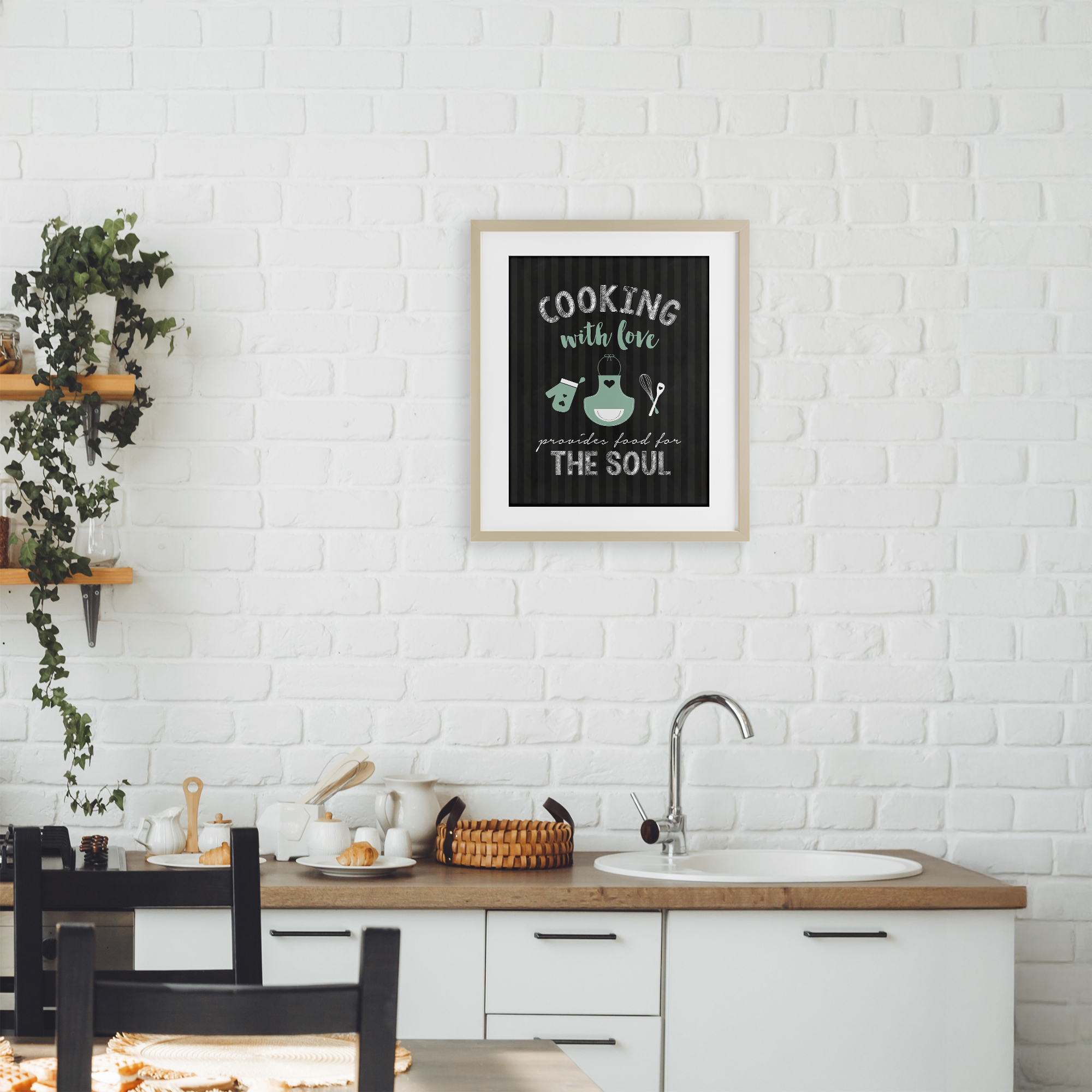 Food For Soul Black & Green Birch Framed Print Under Glass, design by Lettered and Lined