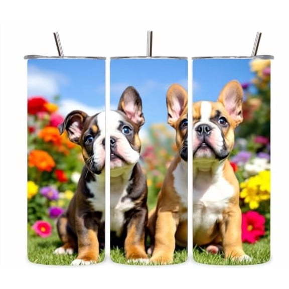 Alpha Printing 20oz Stainless Steel Tumbler with Straw – 2 French Bulldog Puppies Design, Double Wall Insulated Travel Mug for Hot & Cold Beverages