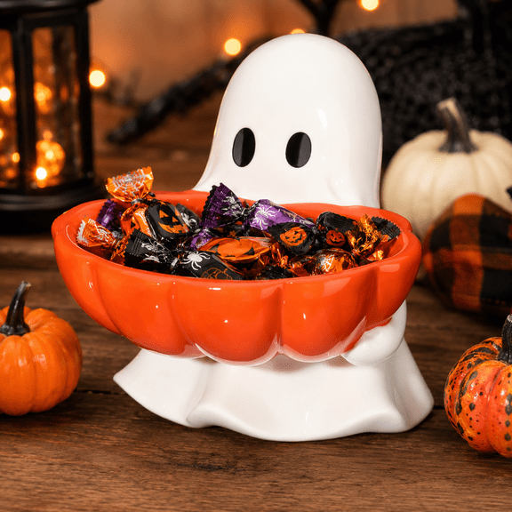 Ceramic Ghost Serving Dish for Halloween, Cute Candy and Cookie Bowl for Snacks, Dessert Table, Kitchen and Indoor Party Decorations