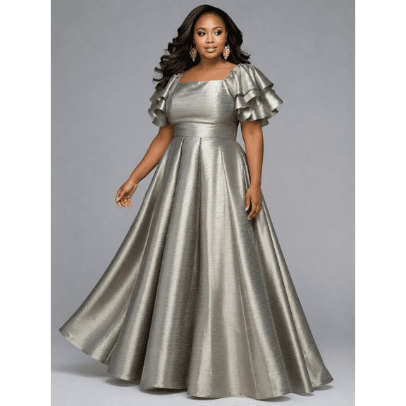 Women's Champagne and Gold Metallic and Pleated A-Line Maxi Silhouette Evening Gown with Square Neck