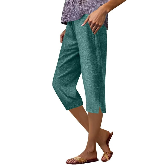 Side Split Capris Cotton Pants for Womens Drawstring Elastic Waist Capris Tummy Control Athletic-Fit Work Capris Office Work Capris Bussiness Pants with Pockets