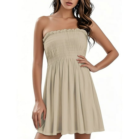 OAMDNDEA Beach Dresses for Women Strapless Solid Color Beach Coverups Summer Sleeveless Tube Top Dress Sexy Flowy Off the Shoulder Dresses Beach Vacation Clothes White L