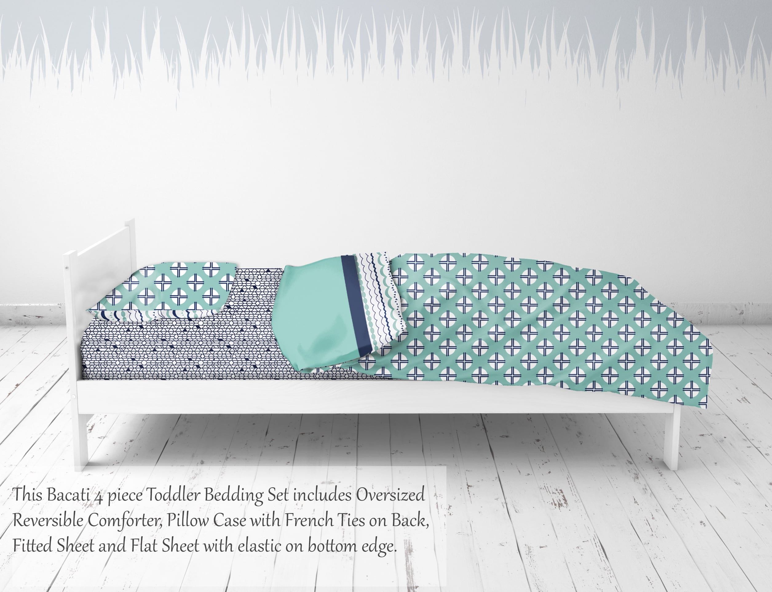Bacati - Noah Tribal Mint/Navy 4-Piece Toddler Bedding Set 100% Cotton percale fabrics