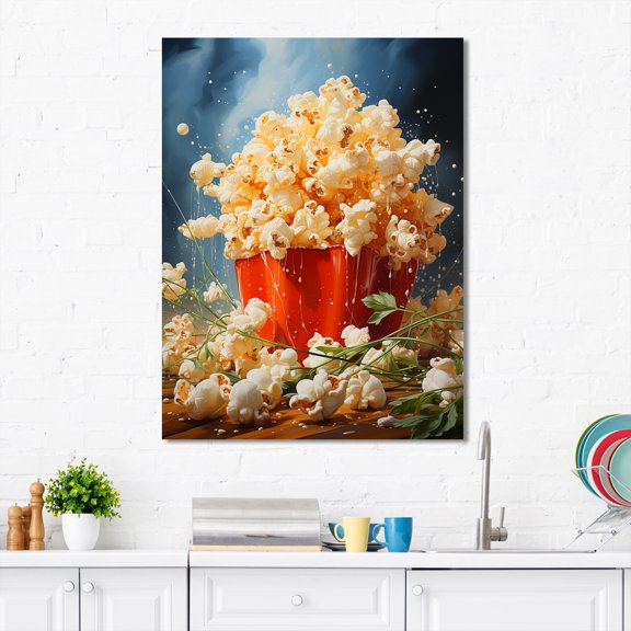 Designart "Bright Popcorn Fiesta Carnival Kernels I" Food & Beverage Canvas Wall Art - Traditional Red Popcorn Hallway Wall Art Decor
