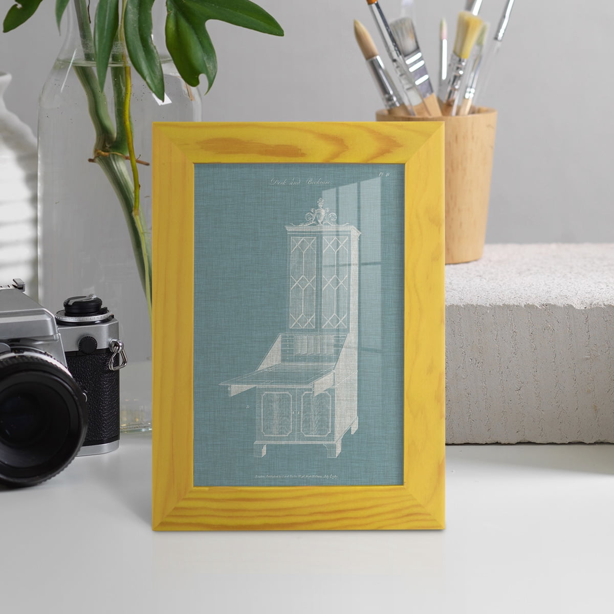 Hepplewhite Desk & Bookcase IV - Framed Print w/glass - Sunflower Yellow