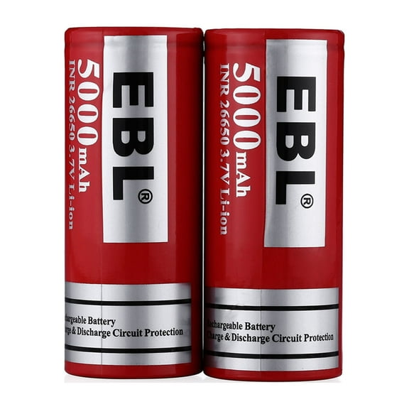 EBL 2-Pack 26650 Battery 3.7V 5000mAh Lithium-ion Rechargeable Batteries