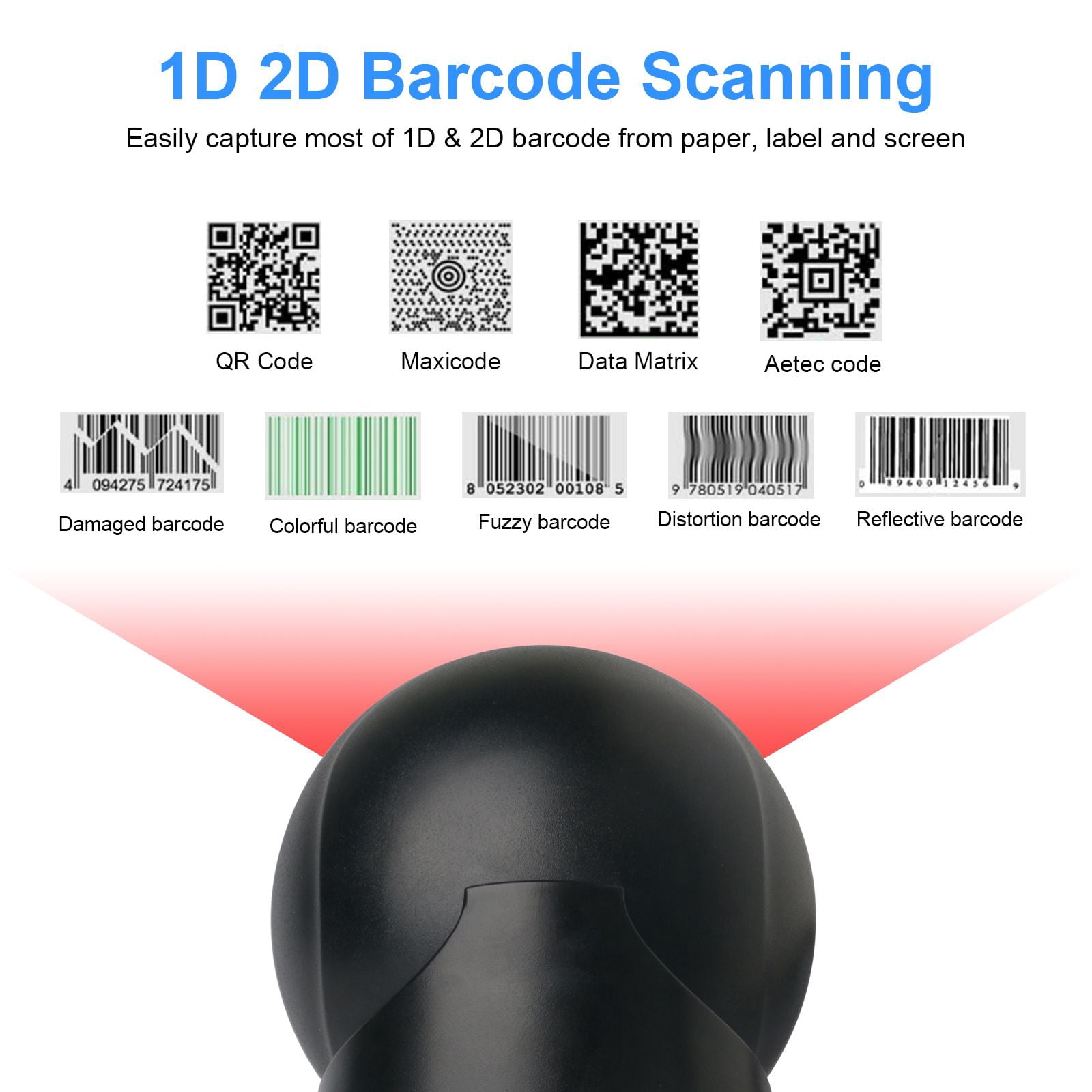 2D Barcode Scanner, Automatic Omnidirectional Desktop USB Scanner - 1D/2D QR Code Reader for Supermarket, Warehouse, Mobile Payment, Plug & Play with 6ft Cable - Sumicor VT7510S-USB