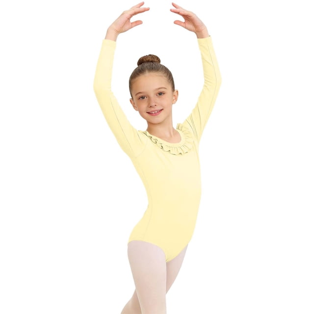Girls' Solid Color Long Sleeved Round Neck Dance Practice Uniform Medium And Large Children's Jumpsuit