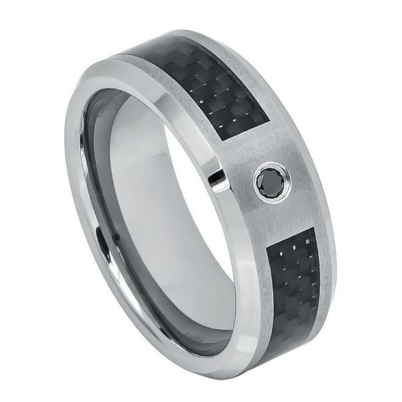 8mm Tungsten Carbide Black Carbon Fiber Inlay Beveled Edge Wedding band Ring for Men and Ladies