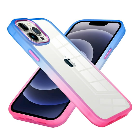 For Apple iPhone 14 Pro (6.1") Transparent Two Tone Gradient Colorful Frame Hybrid Rubber TPU Gummy Hard PC Cover ,Xpm Phone Case [ Blue/ Hot Pink ]