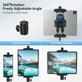 thumbnail image 3 of iPad and Phone Tripod Mount Adapter with Ball Head, iPad Holder for Tripod, 360 Rotatable Tablet Clamp Mount fits iPad Pro 12.9, Air Mini 3 4, Galaxy Tab, Surface Pro, Selfie Stick(5.3-10.6"), 3 of 4