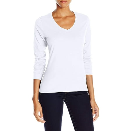 Hanes O9142 Womens Long-Sleeve V-Neck T-Shirt, White - Large | Walmart ...