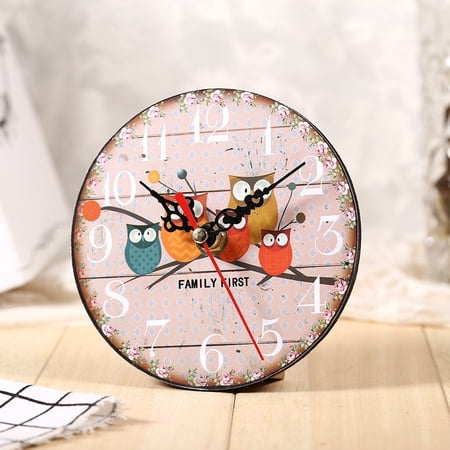 NFTIGB Antique Creative Vintage Owl Pattern Round Wooden Wall Clock - Home Office Desk Decoration, 4.5 inches / 11.5 cm Diameter, Eco-Friendly Material, Battery Operated Analog Display - Pattern #7