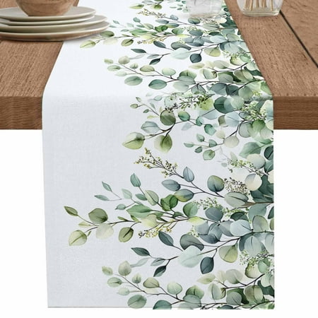 

Summer Eucalyptus Leaf on White Table Runner-70 Inch Long Watercolor Botanical Table Runners Linen Burlap Tablerunner for Kitchen Dining Room Holiday Party