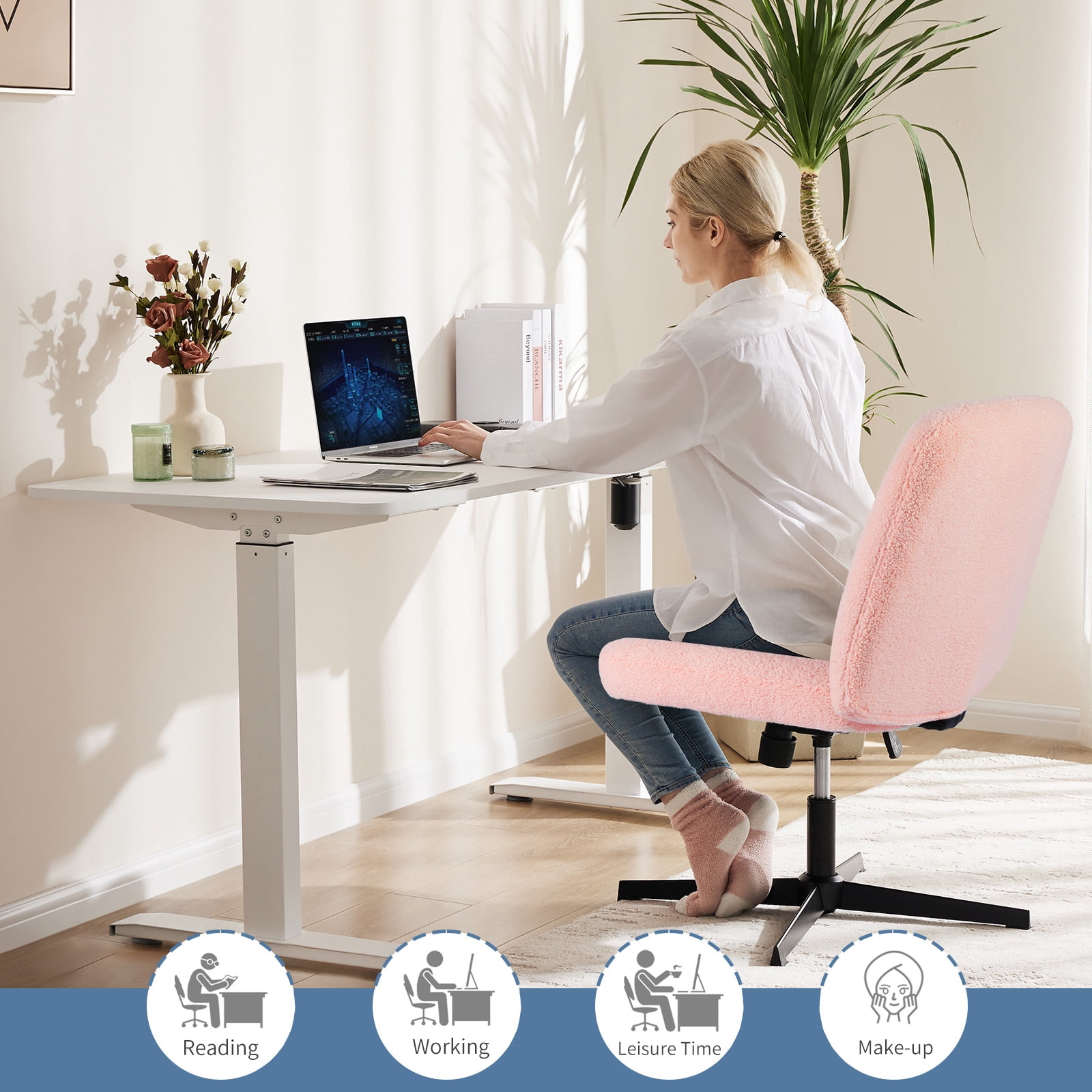 MAYEERTY Armless Criss Cross Chair Office Chair Vanity Chair for Bedroom Office，Pink