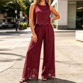thumbnail image 6 of TEAJOPSUU Womens 2 Piece Sets Matching Lace Hem Outfits Sleeveless Crew Neck Crop Tank Tops High Waisted Wide leg Pants Sets Casual Daily Outfits Burgundy, 6 of 7
